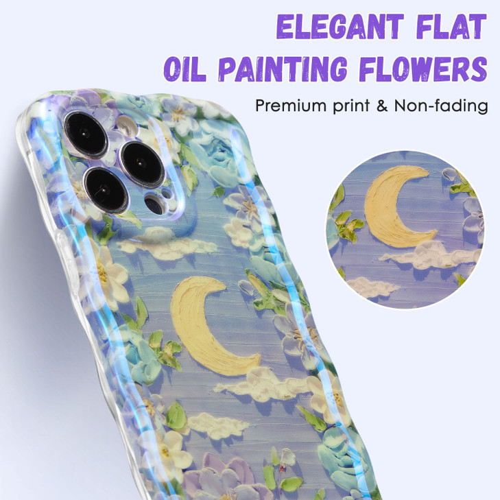 QLTYPRI Case for iPhone 16 Pro Laser Colorful Retro Oil Painting Flower Moon Cloud Pattern Cute Curly Wave Border Phone