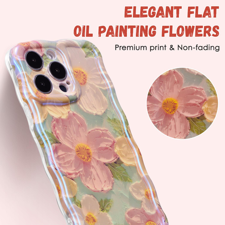QLTYPRI Case for iPhone 16 Pro Max Laser Colorful Retro Oil Painting Flower Pattern Cute Curly Wave Border Exquisite Pho
