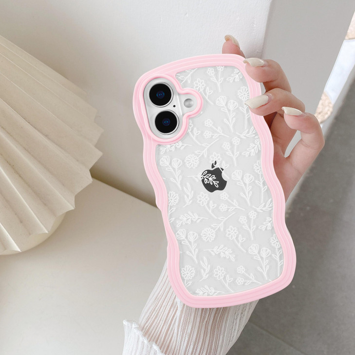 QLTYPRI for iPhone 16 Plus Case Curly Wave Frame Clear Phone Case with Aesthetic Floral Flower Design for Girls Women Cl