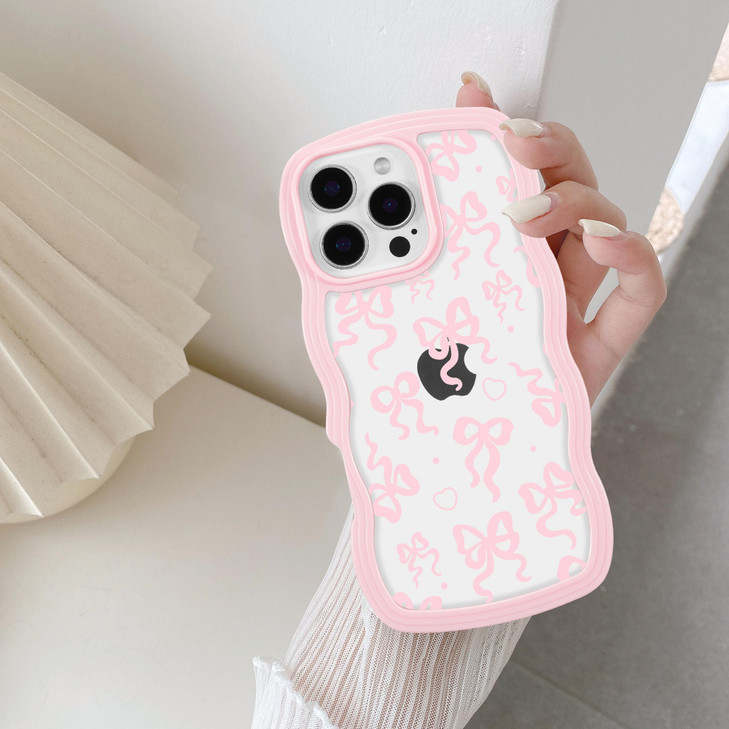 QLTYPRI for iPhone 16 Pro Case Curly Wave Frame Clear Phone Case with Aesthetic Bow Design for Girls Women Clear Soft Si