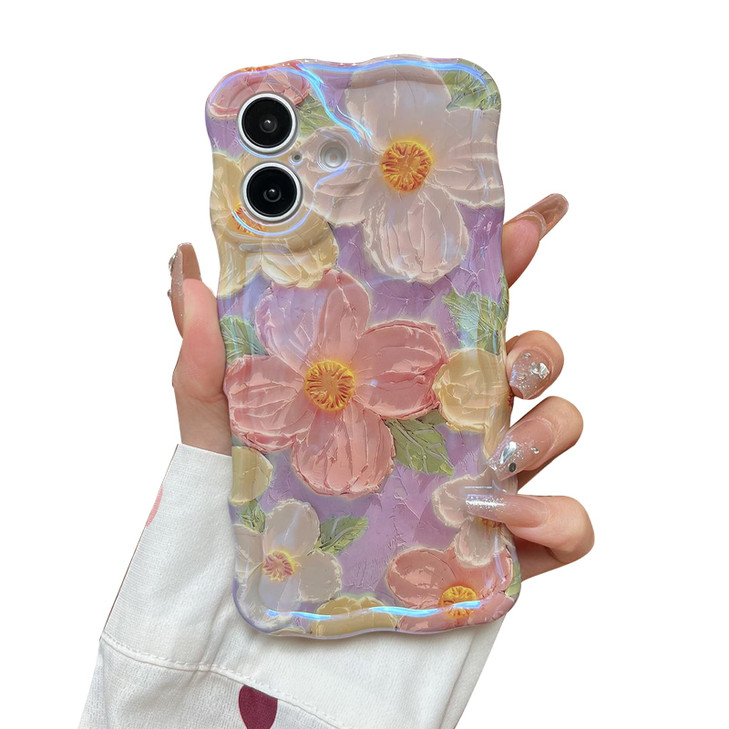 Sayoaho Compatible with iPhone 16 Plus Case for Women Cute Curly Wave Frame Shape Colorful Retro Oil Painting Flower Las