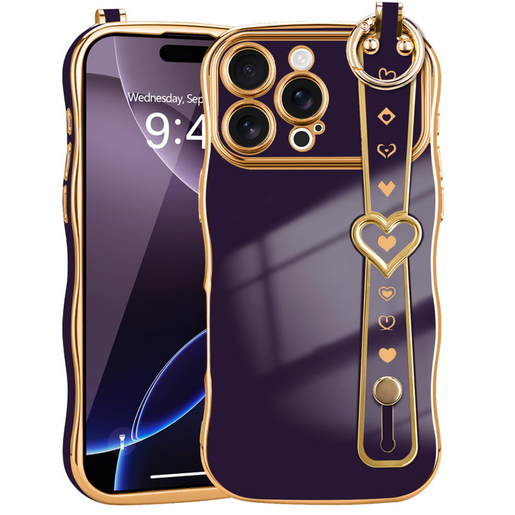 LLZCOQUE for iPhone 16 Pro Max Case for Women Girls Wave Frame Strap Cute LoveHeart Luxury Plating Cover Raised Camera P