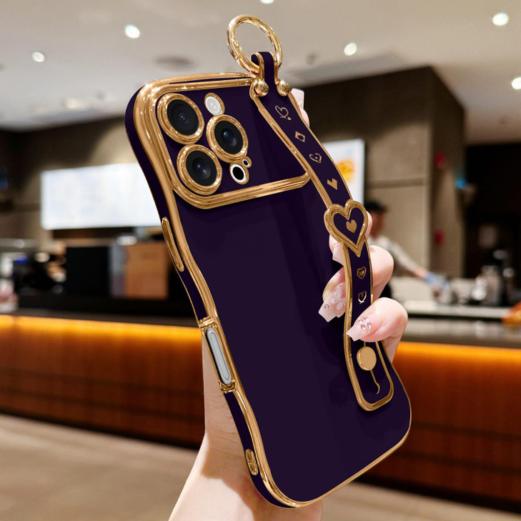 LLZCOQUE for iPhone 16 Pro Max Case for Women Girls Wave Frame Strap Cute LoveHeart Luxury Plating Cover Raised Camera P