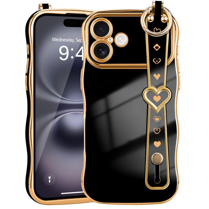 LLZCOQUE for iPhone 16 Case for Women Girls Wave Frame with Strap Cute LoveHeart Luxury Plating Curly Shape Cover Raised