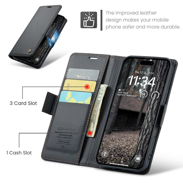 XIMAND for iPhone 16 Pro Max Case RFID Blocking with Kickstand 3 Credit Card Slot and Cash Slot Magnetic Closure Wireles
