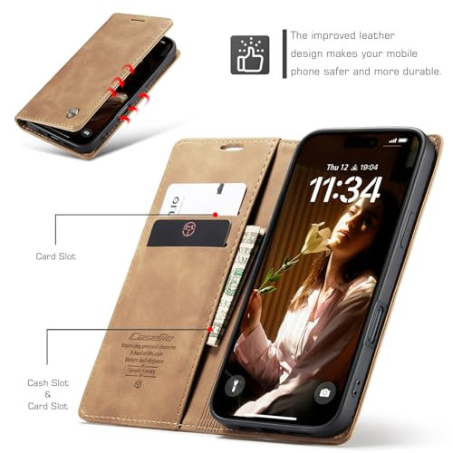 XIMAND for iPhone 16 Pro Max Case RFID Blocking with Kickstand 2 Credit Card Slot and Cash Slot Magnetic Closure Wireles