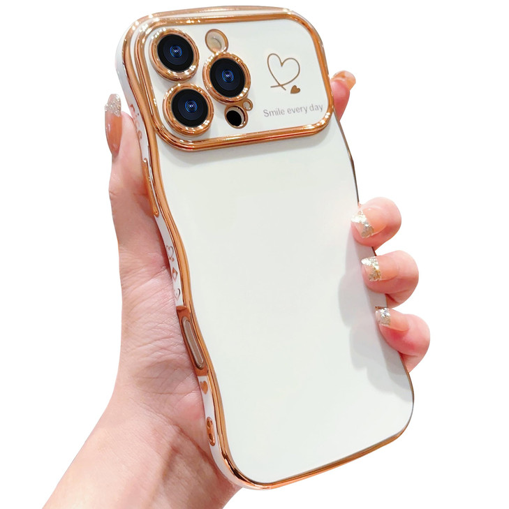 IDweel for iPhone 16 Pro Case for Women Girls Luxury Cute Wave Frame Curly Shape with Love Heart Raised Camera Protectio