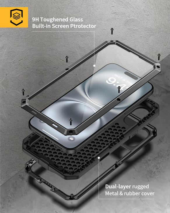 Lanhiem for iPhone 16 Plus Metal Case Heavy Duty Shockproof Tough Rugged Case with Builtin Glass Screen Protector 360 Fu