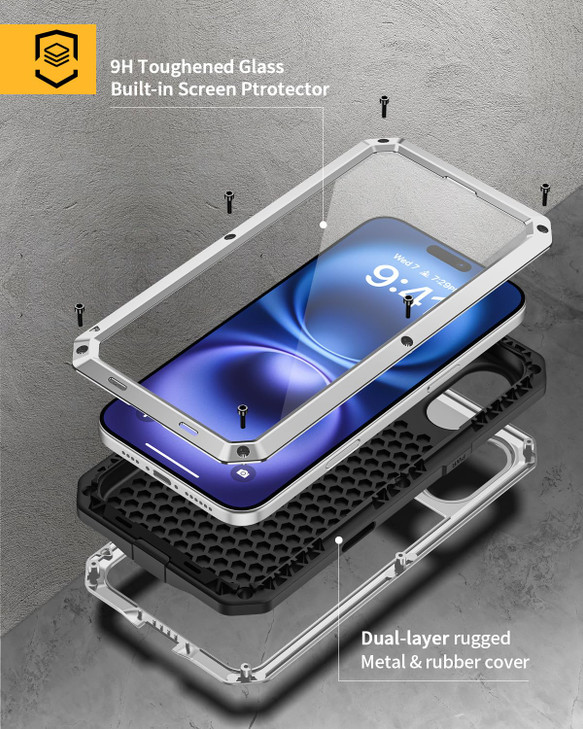 Lanhiem for iPhone 16 Case Metal Heavy Duty Shockproof Tough Rugged Case with Builtin Glass Screen Protector 360 Full Bo