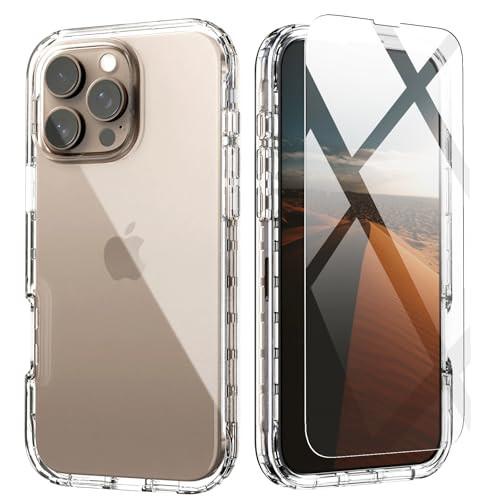 IDweel for iPhone 16 Pro Max Case with Screen ProtectorHybrid 2 in 1 Shockproof Soft Slim Fit Transparent Clear Case wit