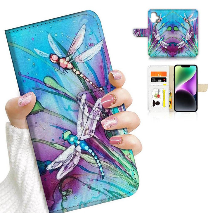 AJOURTEK for iPhone 16 Plus Designed Flip Wallet Phone Case Cover A21094 Blue Dragonfly