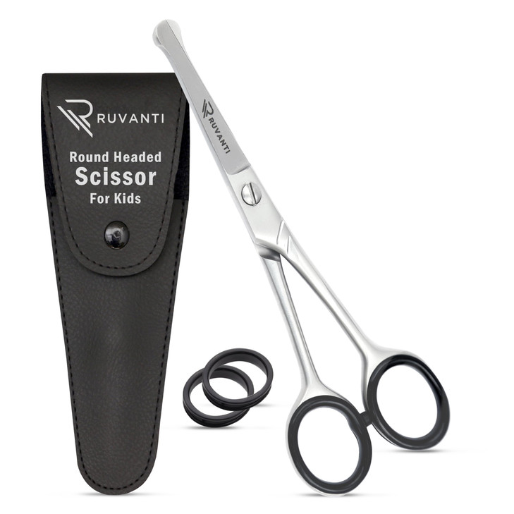 Ruvanti 5.2" Kids Hair Cutting Scissors - Safety Rounded Tip Barber Shears for Children, Infants & Facial Hair Trimming - Sharp Stainless Steel Blade