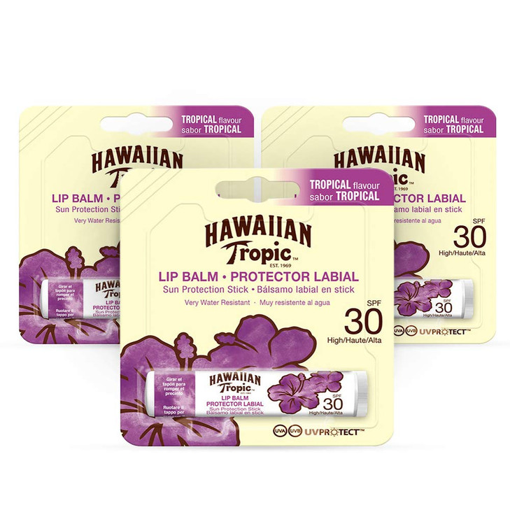 Hawaiian Tropic Lip Balm Pack of 3  Sunscreen Lip Balm SPF 30, Tropical Flavor, 4 g