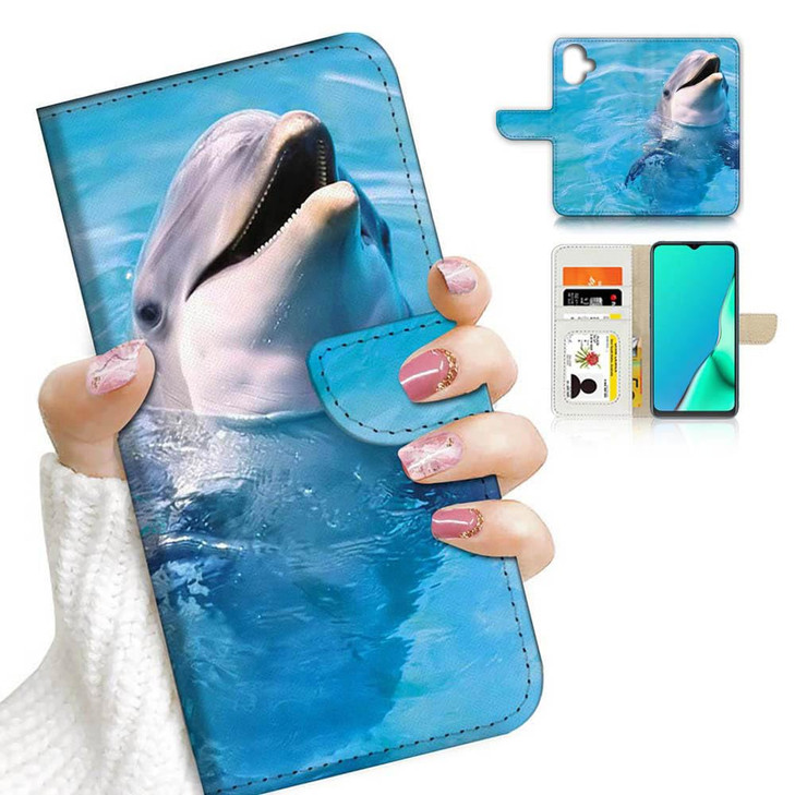 AJOURTEK for iPhone 16 Designed Flip Wallet Phone Case Cover A8204 Blue Sea Dolphin 8204