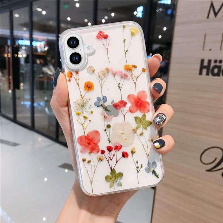 Omorro Compatible with iPhone 16 Plus Flower Girly Case Girls Floral Design Pressed Dry Real Flowers Slim Cover Silicone