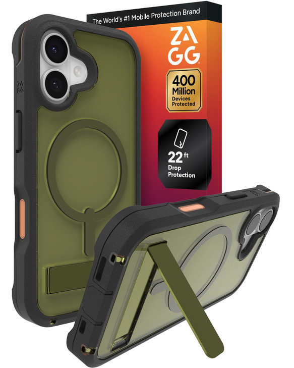 ZAGG Rainier Case with Kickstand for iPhone 17 Green Sea Kelp Graphene 22ft 7m Drop Protection Lanyard Attach Points Mag