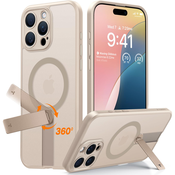 TORRAS Desert Titanium 360 Spin Stand Magnetic Case for iPhone 16 Pro Case with Full Camera Protection Fit for MagSafe 1