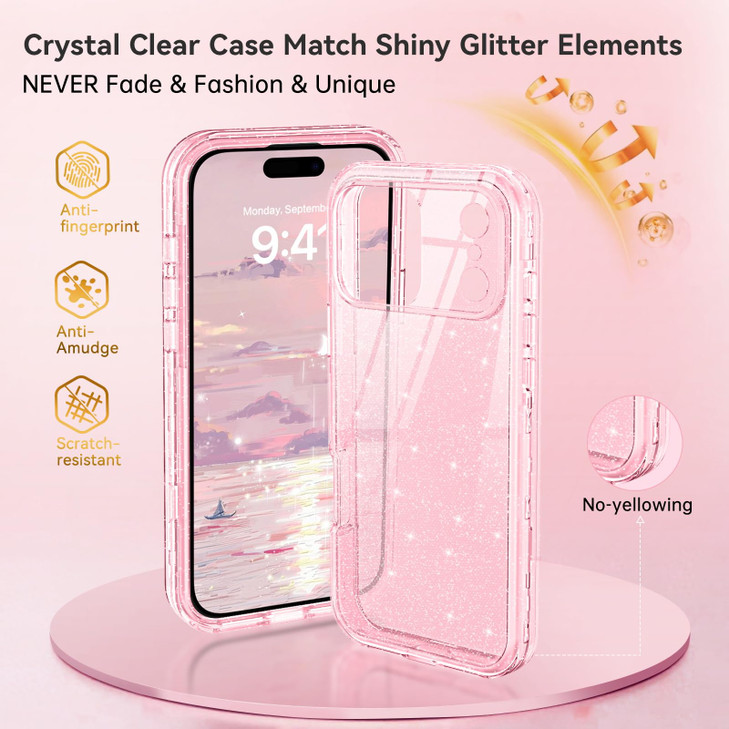 DUEDUE for iPhone 17 Pro Max Case Clear Glitter AntiYellowing Shockproof Protective Transparent Cover Bling Sparkle Phon