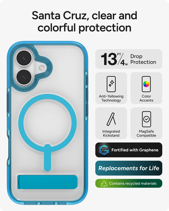 ZAGG Santa Cruz Snap Case with Kickstand for iPhone 17 Tranquil Blue Drop Protection 13ft4m MagSafe Charging Compatible
