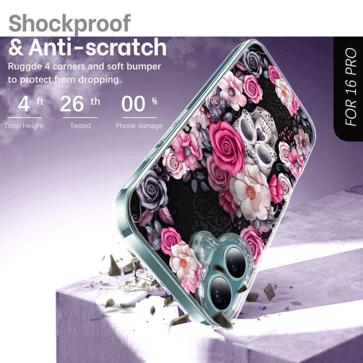 Slim Case for iPhone 16 Plus 5G Phone Case Women Cute Mandala Skull Rose Flower Colorful Design Soft Silicone TPU Bumper