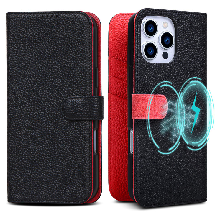 VISOUL Case Wallet for iPhone 16 Pro Max Genuine Pebbled Leather Wallet Case Card Slots Magnetic Kickstand Flip Phone Co