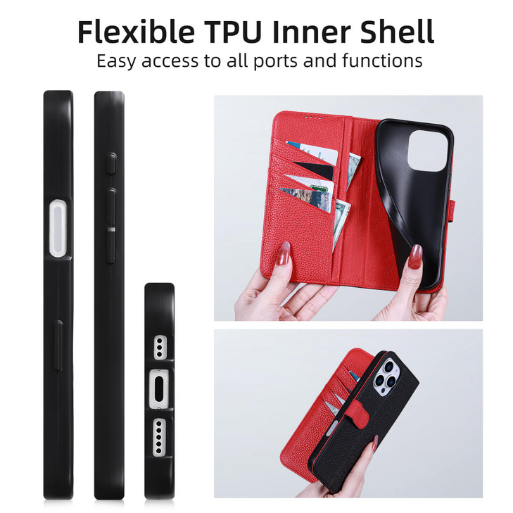 VISOUL Case Wallet for iPhone 16 Pro Max Genuine Pebbled Leather Wallet Case Card Slots Magnetic Kickstand Flip Phone Co