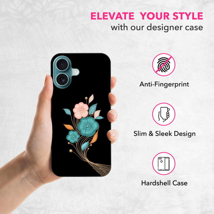 SuzaCase Back Case for iPhone 16 iPhone 16 Case with Stylish Teal Floral Oil Painted Design Printed Cute Sleek Durable H