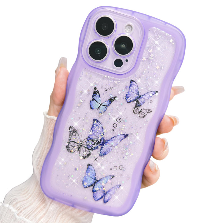 YTanazing Clear Glitter Case for iPhone 16 Pro Max ButterflyCute Kawaii Bling Sparkle Glitter Wave Frame Shape Soft Sili