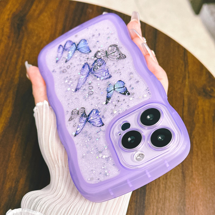 YTanazing Clear Glitter Case for iPhone 16 Pro Max ButterflyCute Kawaii Bling Sparkle Glitter Wave Frame Shape Soft Sili