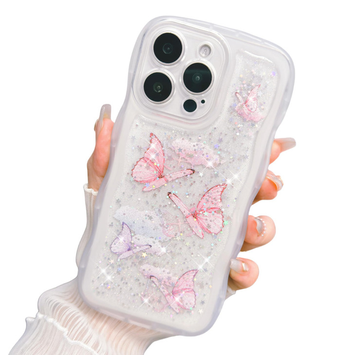 YTanazing Clear Glitter Case for iPhone 16 Pro ButterflyCute Kawaii Bling Sparkle Glitter Wave Frame Shape Soft Silicone