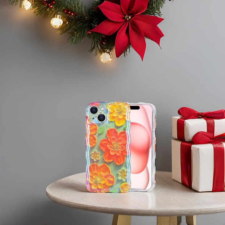 IDweel Case for iPhone 15 Plusfor iPhone 14 Plus Case CuteColorful Retro Oil Painting Printed Flower Glossy Pattern Curl