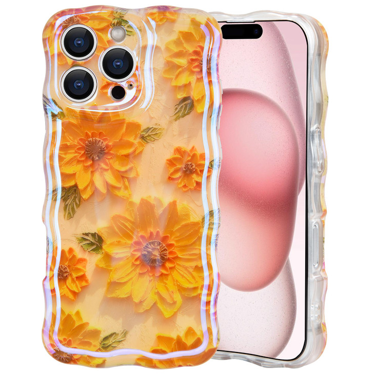 IDweel Case for iPhone 16 Pro Max Luxury Colorful Retro Oil Painting Printed Flower Glossy Pattern Cute Curly Wave Edge