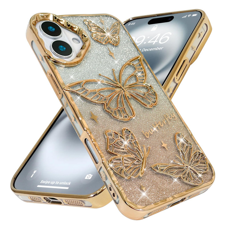 BITOBE Designed for iPhone 16 Plus Cute 3D Butterfly Case Slim Plating Glitter Bling Luxury Cover for Women Girls Protec