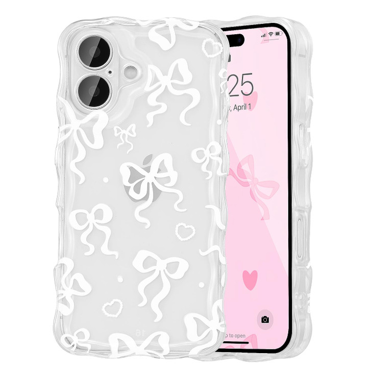 UEEBAI Cute Heart Bow Case for iPhone 16 Plus 67 inch Wave Ribbon Bows Phone Case Pretty Aesthetic Cover Cute Clear Shel