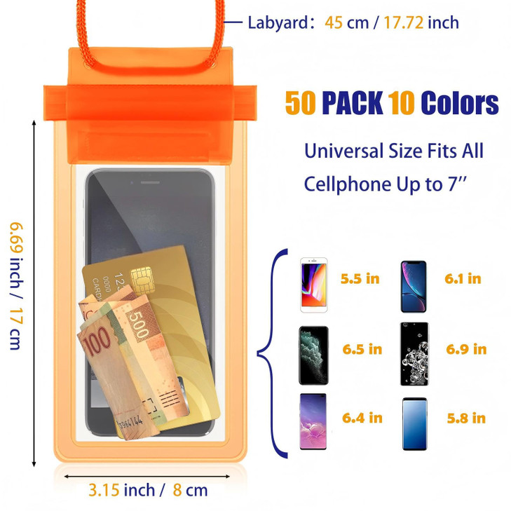 Flutesan 50 Pack Clear Waterproof Phone Pouch Universal Waterproof Phone Case Waterproof Pouch Dry Bag with Lanyard for