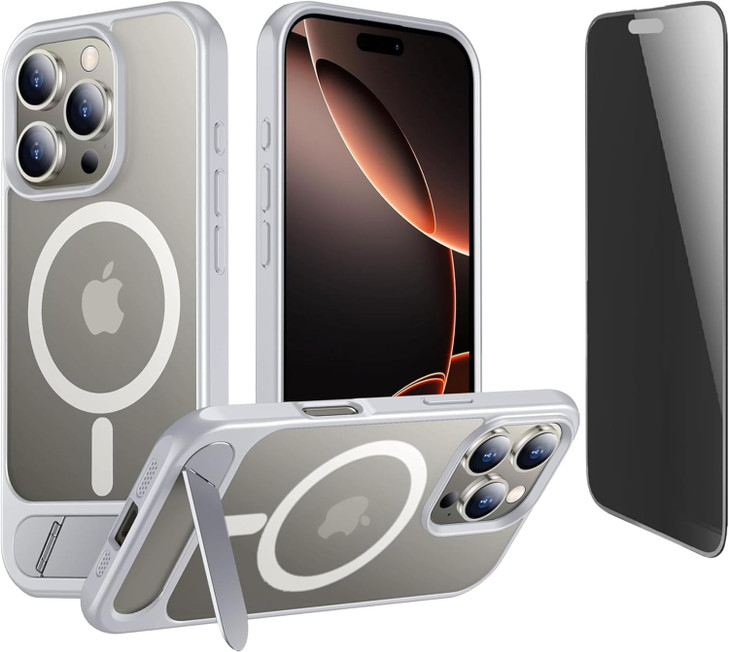 Magnetic Compatible with iPhone 16 Pro Max Case Builtin Kickstand 360 Privacy Glass Compatible with MagSafe Military Gra
