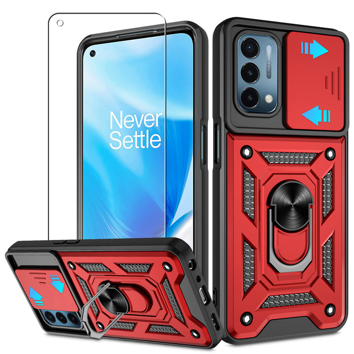 for OnePlus Nord N200 5G Case with HD Screen Protector with Slide Camera Cover Atump 360 Rotation Ring Kickstand Militar
