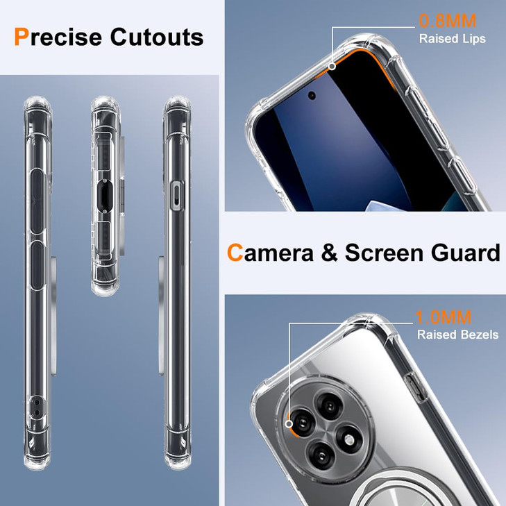 Compatible for OnePlus 13R 5G 2025 Phone Case with Glass Screen Protector 360 Rotatable Ring Holder Kickstand Non Yellow