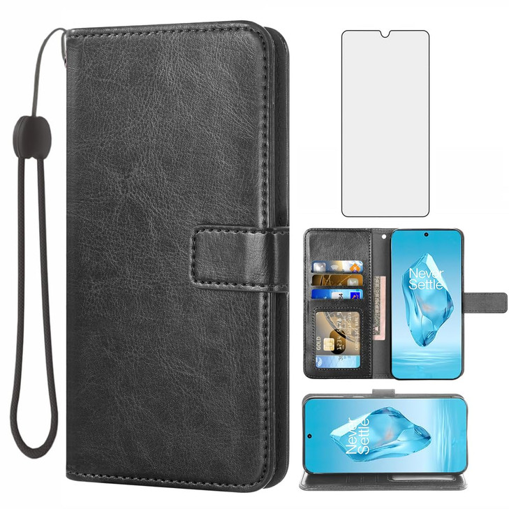 Compatible with OnePlus 12R 5GAce 3 2024 Wallet Case Tempered Glass Screen Protector and Leather Flip Cover Card Holder
