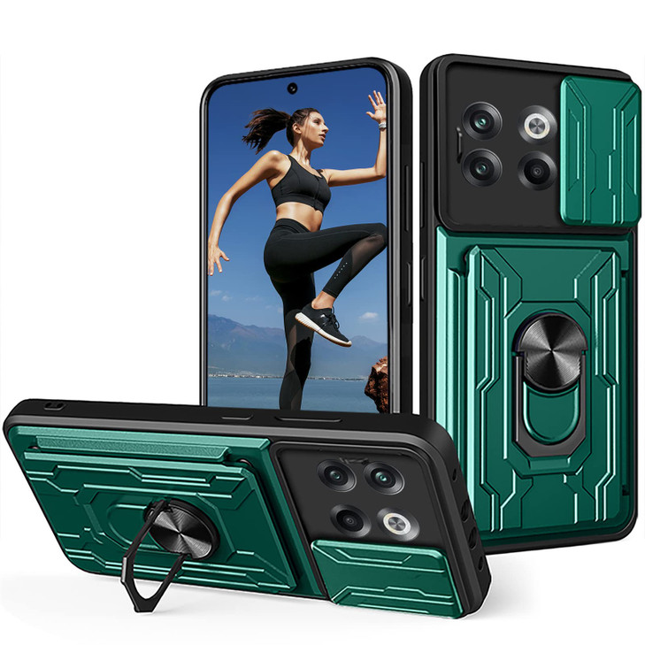 CCSmall for OnePlus 10T 5G Case with Slide Camera Cover Heavy Duty Protective with Ring Kickstand Card Holder Cell Phone