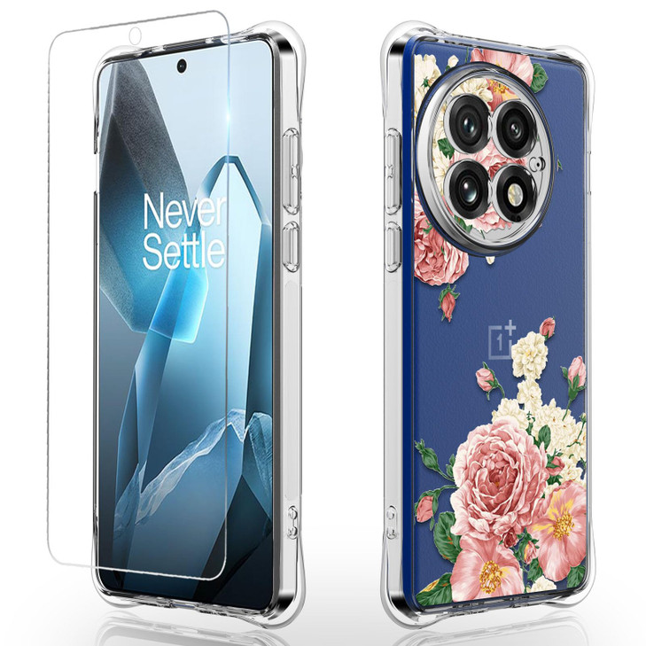 Osophter for Oneplus 13 Case Women Girls Flower Floral with Screen Protector Flexible TPU Rubber Phone Cover Case for On