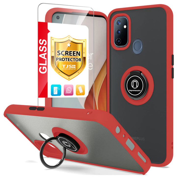 TJS Compatible with OnePlus Nord N10 5G Case with Tempered Glass Screen Protector Metal Ring Magnetic Support Kickstand