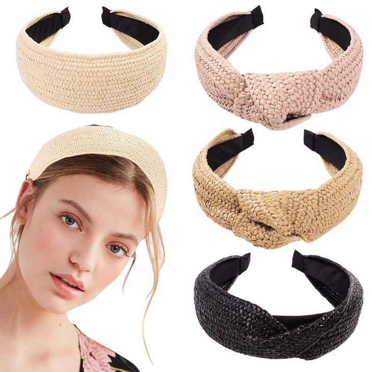 Ivyu Hairband - 4 Mixed Color Straw Braid Twist Headbands for Women's hair, Wide Thick Top Knot Hairbands for Girls, Beauty Product, Beech Accessorie