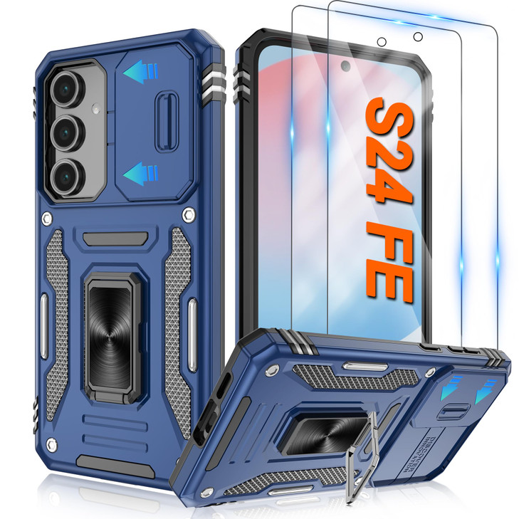 ATUMP for Samsung Galaxy S24 FE Case with 2 Pack HD Screen Protector Slide Camera Cover 360 Rotation Ring Kickstand Mili