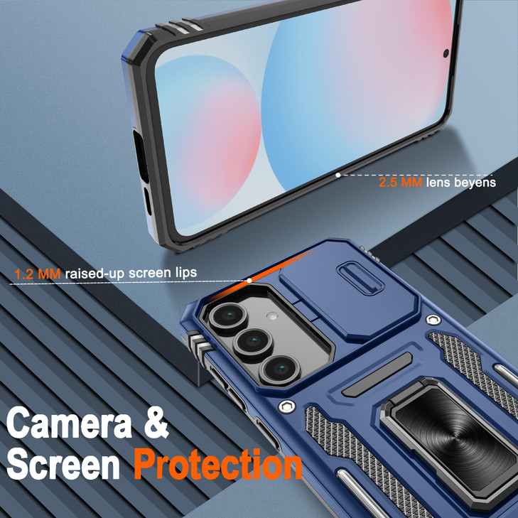 ATUMP for Samsung Galaxy S24 FE Case with 2 Pack HD Screen Protector Slide Camera Cover 360 Rotation Ring Kickstand Mili