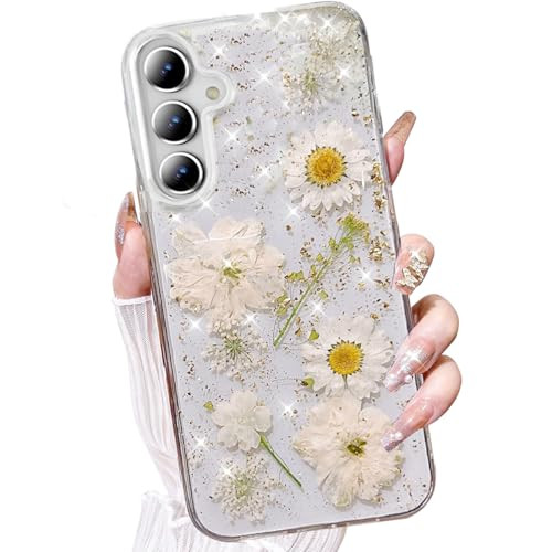 AuroiCCY for Samsung Galaxy A16 Clear Case with Pressed Real Flower Cute Glitter White Floral Pattern Slim Soft TPU Bump