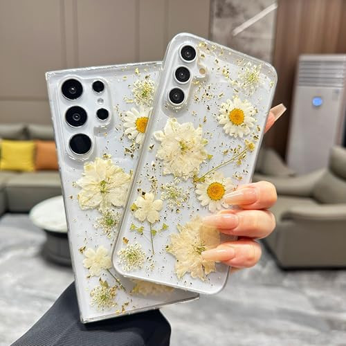 AuroiCCY for Samsung Galaxy A16 Clear Case with Pressed Real Flower Cute Glitter White Floral Pattern Slim Soft TPU Bump