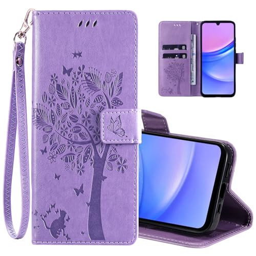 for Samsung Galaxy A16 5G Case Wallet for Women ManPU Leather Tree Cat Flowers Embossed Wrist Strap Card Slots Pocket Ki