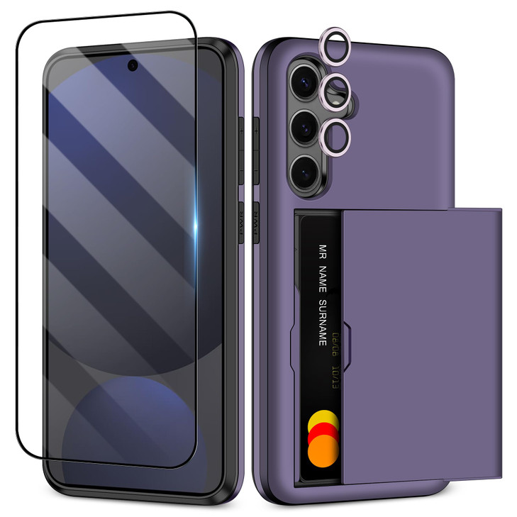 SAMONPOW for Samsung Galaxy S24 FE Case with Screen Protector Camera Cover 4in1 Galaxy S24 FE Wallet Case Card Holder Sh