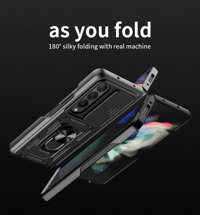 CCSmall Phone Case for Samsung Galaxy Z Fold 4 with Slide Camera Window Heavy Duty Protection Phone Cover Case with Ring